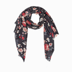 100% WOOL PRINTED SCARF - BLACK/FLORAL