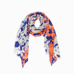 100% WOOL PRINTED SCARF - WHITE/BLUE/ORANGE